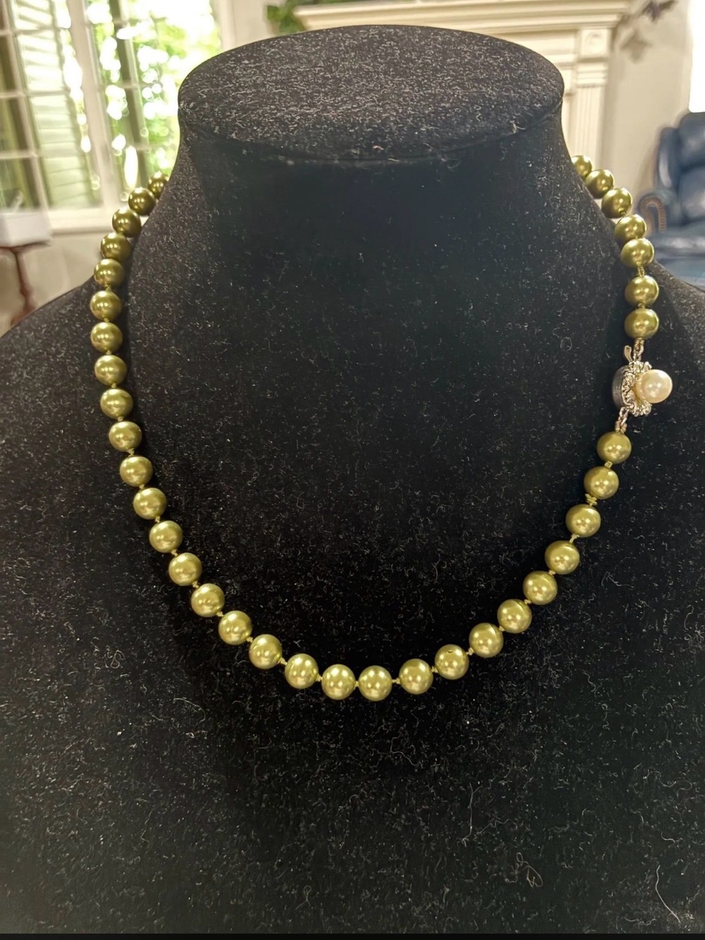 Vintage Sterling Silver Dyed Green Freshwater Pearl Necklace